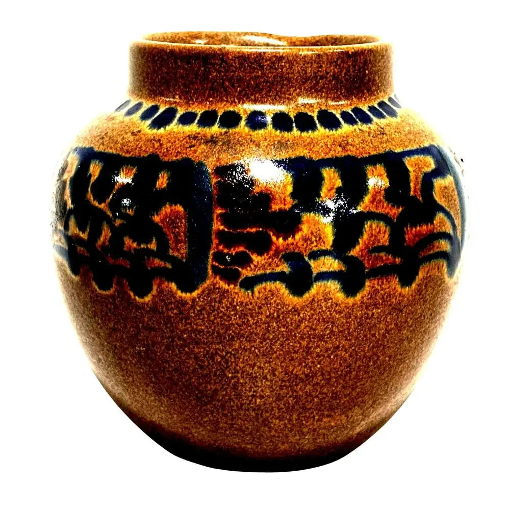 Vintage VEB Haldensleben Germany Stoneware Pottery Vase Cobalt Blue & Caramel